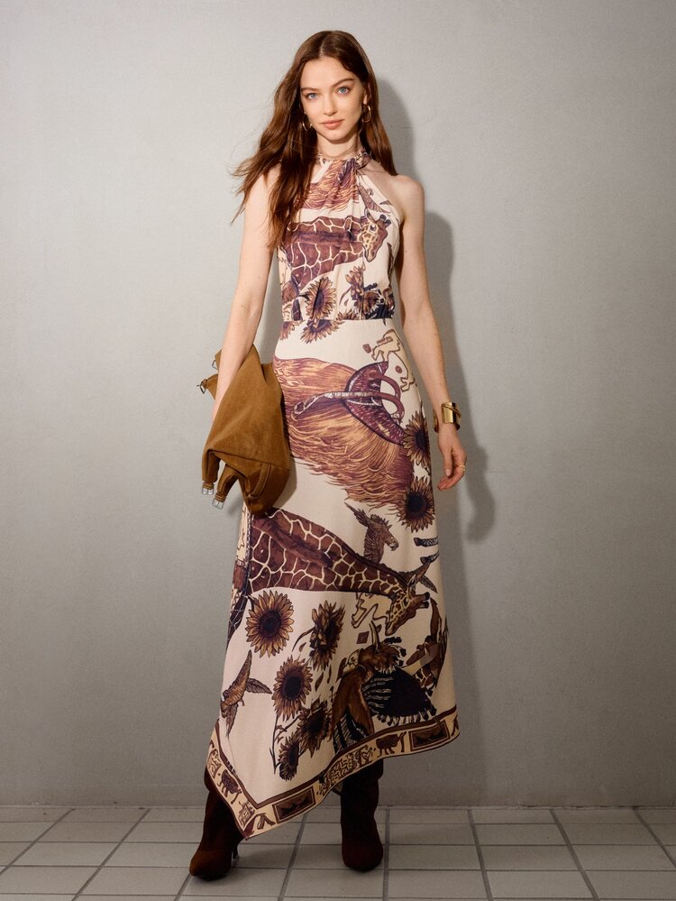 MOTF PREMIUM BOHO GIRAFFE PLANTS PATCHWORK PRINT HALTER NECK DRESS - Brown - View 4