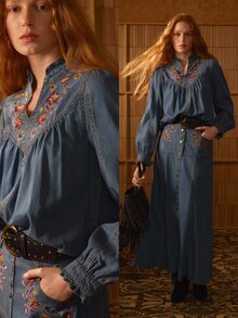 MOTF STUDIO SET ATASAN DAN ROK DENIM LIPITAN BERKERAH BERBENTUK LIPIT DENGAN BORDIR BUNGA DAN HIASAN RUFFLE UNTUK WANITA - Biru - View 1