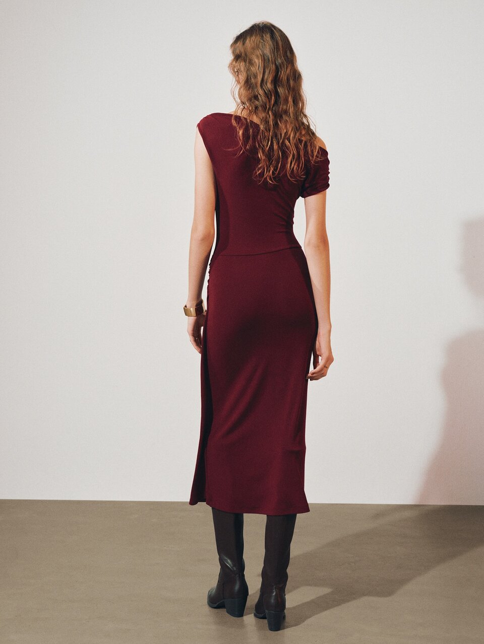 MOTF ASYMMETRICAL SHOULDER FITTED DRESS WITH METAL BUCKLE