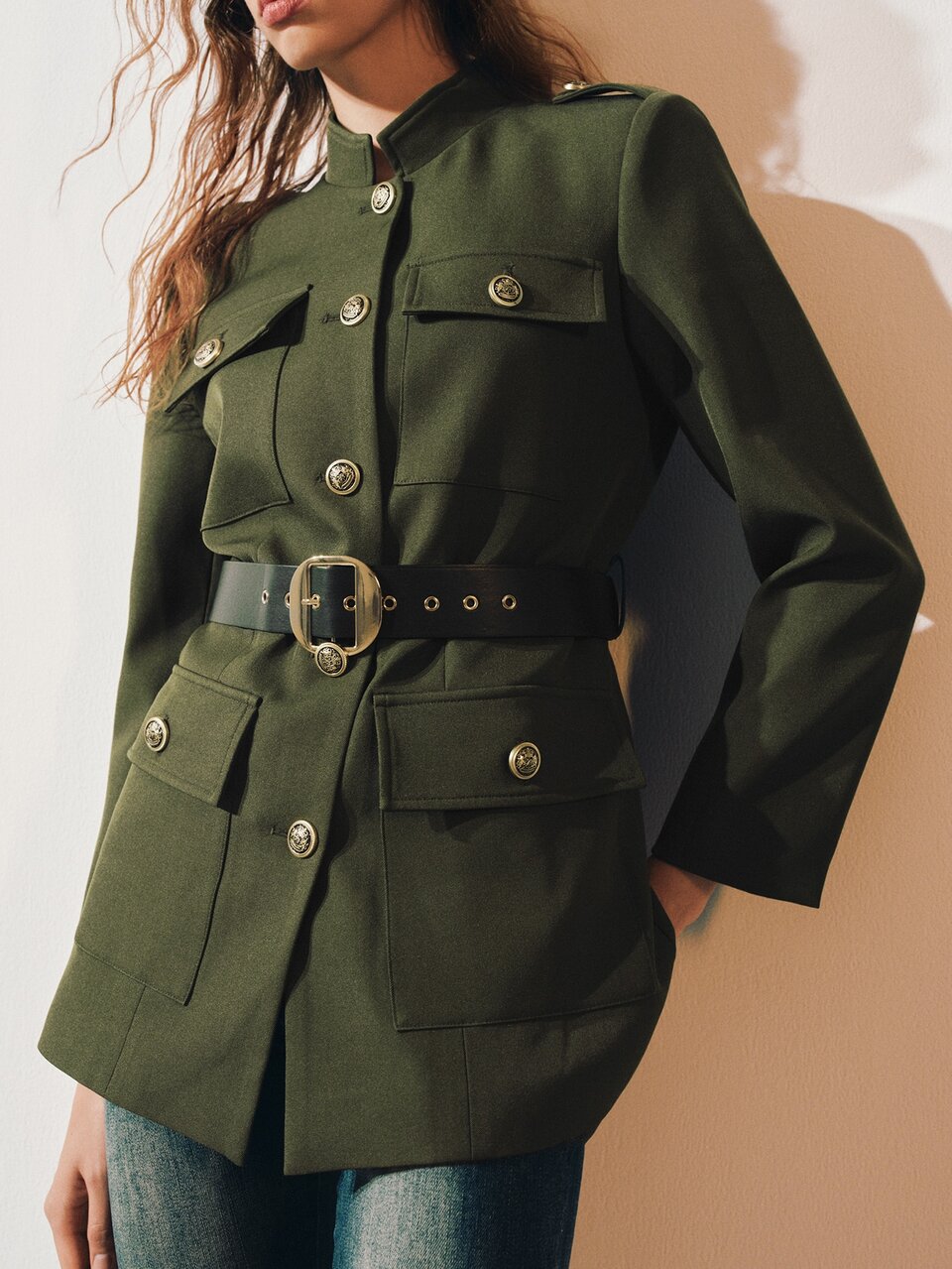 MOTF CASUAL WAIST BELT SMALL STAND COLLAR FLAP POCKET UTILITY COAT