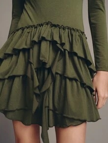 MOTF PREMIUM GAUN PENDEK MINI MINIMALIS WANITA DENGAN HIJAU Zaitun DAN TRIM RUFFLE UNTUK PESTA - Olive Green - View 3