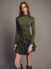 MOTF PREMIUM GAUN PENDEK MINI MINIMALIS WANITA DENGAN HIJAU Zaitun DAN TRIM RUFFLE UNTUK PESTA - Olive Green - View 5