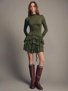 MOTF PREMIUM GAUN PENDEK MINI MINIMALIS WANITA DENGAN HIJAU Zaitun DAN TRIM RUFFLE UNTUK PESTA - Olive Green - View 7
