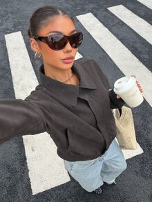 Muchica 女款棕色PU皮革翻領冬季大衣，適合度假穿著，Y2K風格，開學季必備鄉村風單品 - 黑色 - 查看 6