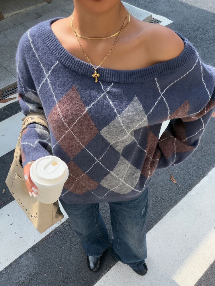 Muchica Autumn/ 2026 Slate Blue Off-Shoulder Plaid Preppy Casual Women's Sweater Y2K, Back To School Commute Outfit Suitable For Parties Everyday Christmas - Multicolor - View 3