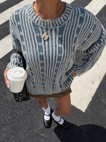 Muchica 復古休閒極簡寬鬆直條紋仿水洗混紡針織套頭毛衣 午餐藍灰色 秋季 - 藍白色 - 查看 7