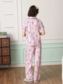 Chillnights Women's Casual Striped Star Print Lapel Pajama Set - Pink - View 2