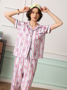 Chillnights Women's Casual Striped Star Print Lapel Pajama Set - Pink - View 4