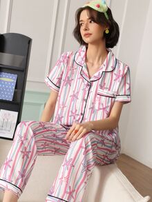 Chillnights Women's Casual Striped Star Print Lapel Pajama Set - Pink - View 3