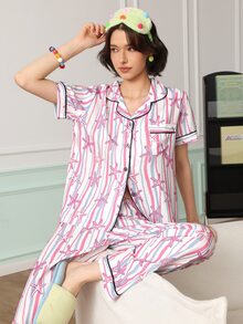 Chillnights Women's Casual Striped Star Print Lapel Pajama Set - Pink - View 6