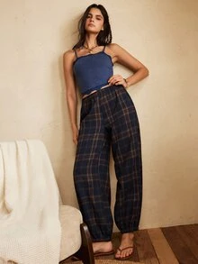 Lullawish Women's Casual Home Knit Lace Camisole & Plaid Lantern Long Pants Pajama Set - Multicolor - View 5