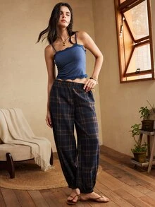 Lullawish Women's Casual Home Knit Lace Camisole & Plaid Lantern Long Pants Pajama Set - Multicolor - View 4
