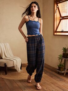 Lullawish Women's Casual Home Knit Lace Camisole & Plaid Lantern Long Pants Pajama Set - Multicolor - View 3