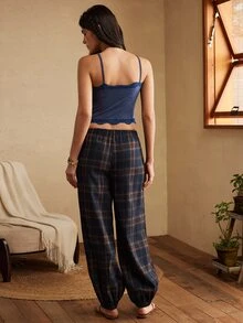 Lullawish Women's Casual Home Knit Lace Camisole & Plaid Lantern Long Pants Pajama Set - Multicolor - View 2