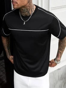 Manfinity CasualCool 男士老錢風拼接T恤，秋冬百搭基本款，萬聖節與聖誕節千禧主題禮物首選 - 彩色 - 查看 4