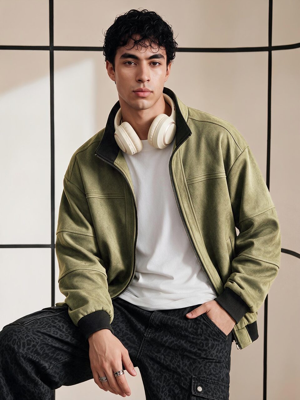 Loose Fit Men's Suedette Jacket With Slant Pockets, Zipper Closure And Thermal Lining