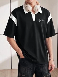 Chillumni 男士夏季短袖商務休閒撞色字母POLO衫，返校必備 - 黑與白 - 查看 3