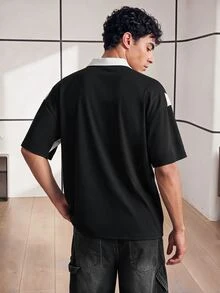 Chillumni 男士夏季短袖商務休閒撞色字母POLO衫，返校必備 - 黑與白 - 查看 2
