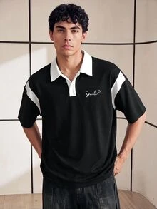 Chillumni 男士夏季短袖商務休閒撞色字母POLO衫，返校必備 - 黑與白 - 查看 1