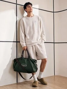 Chillumni Men's Long Sleeve Hooded Sweatshirt And Shorts 2-Piece Set - Khaki - View 3