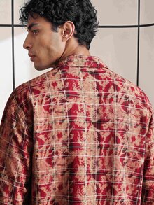 Chillumni 男士秋季扎染拉链领口袋休闲长袖衬衫，迷彩红格子，拉链门襟衬衫，宽松长袖衬衫，时尚创意衬衫，休闲浪漫优雅，法式精致，适合圣诞节，非常适合日常情侣搭配，适合秋季 - 紅色 - 查看 2