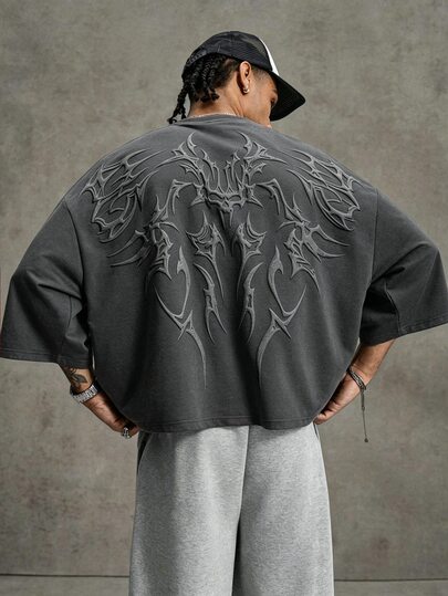 PAVTROS Men's Dark Totem Style Short Sleeve T-Shirt, Oversize Short Sleeve T-Shirt, Cropped Loose Fit Crew Neck Short Sleeve T-Shirt, Y2K Millennium Style, Dark Street Style, Gothic Style, Daily Wear, Music Festival, Livehouse, Subculture, Street Photography, Rapper Outfit, Unisex, Couple Outfit, Best Holiday Gift