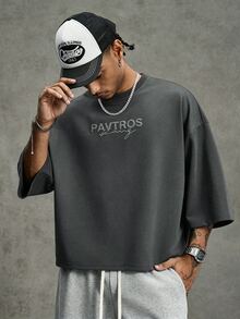 PAVTROS 男士深色圖騰風格短袖T恤，大尺寸短袖T恤，短版寬鬆圓領短袖T恤，Y2K千禧風格，深色街頭風，哥德風，日常穿著，音樂節，Livehouse，次文化，街頭攝影，饒舌歌手穿搭，中性，情侶穿搭，最佳節日禮物 - 深灰色 - 查看 4