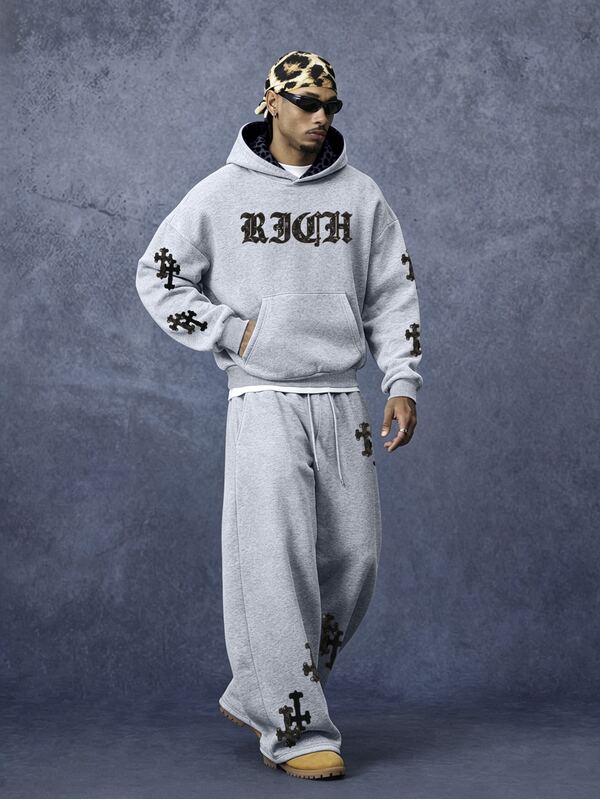 PAVTROS Herren Buchstaben-Muster Hoodie & Jogginghose Set, Gothic
