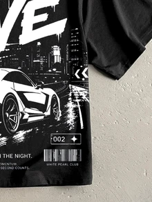 Manfinity ZONE917 American Vintage Casual Fashion Graffiti MIDNIGHT Street Midnight Racing Graphic Black Short Sleeve Cropped T-Shirt - Black - View 2