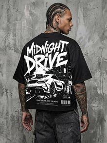 Manfinity ZONE917 American Vintage Casual Fashion Graffiti MIDNIGHT Street Midnight Racing Graphic Black Short Sleeve Cropped T-Shirt - Black - View 1