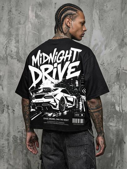 Manfinity ZONE917 American Vintage Casual Fashion Graffiti MIDNIGHT Street Midnight Racing Graphic Black Short Sleeve Cropped T-Shirt