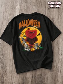 LOONEY TUNES X SHEIN Manfinity Joysei 男士字母卡通印花休閒日常短袖T恤 - 黑色 - 查看 2