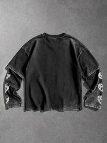 Manfinity EMRG Men's Washed Graphic Fake Two-Piece T-Shirt, Vintage Figure & Cross Print Layered Long Sleeve Tee For Streetwear And Daily Wear - Black - View 2
