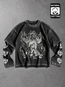 Manfinity EMRG Men's Washed Graphic Fake Two-Piece T-Shirt, Vintage Figure & Cross Print Layered Long Sleeve Tee For Streetwear And Daily Wear - Black - View 1