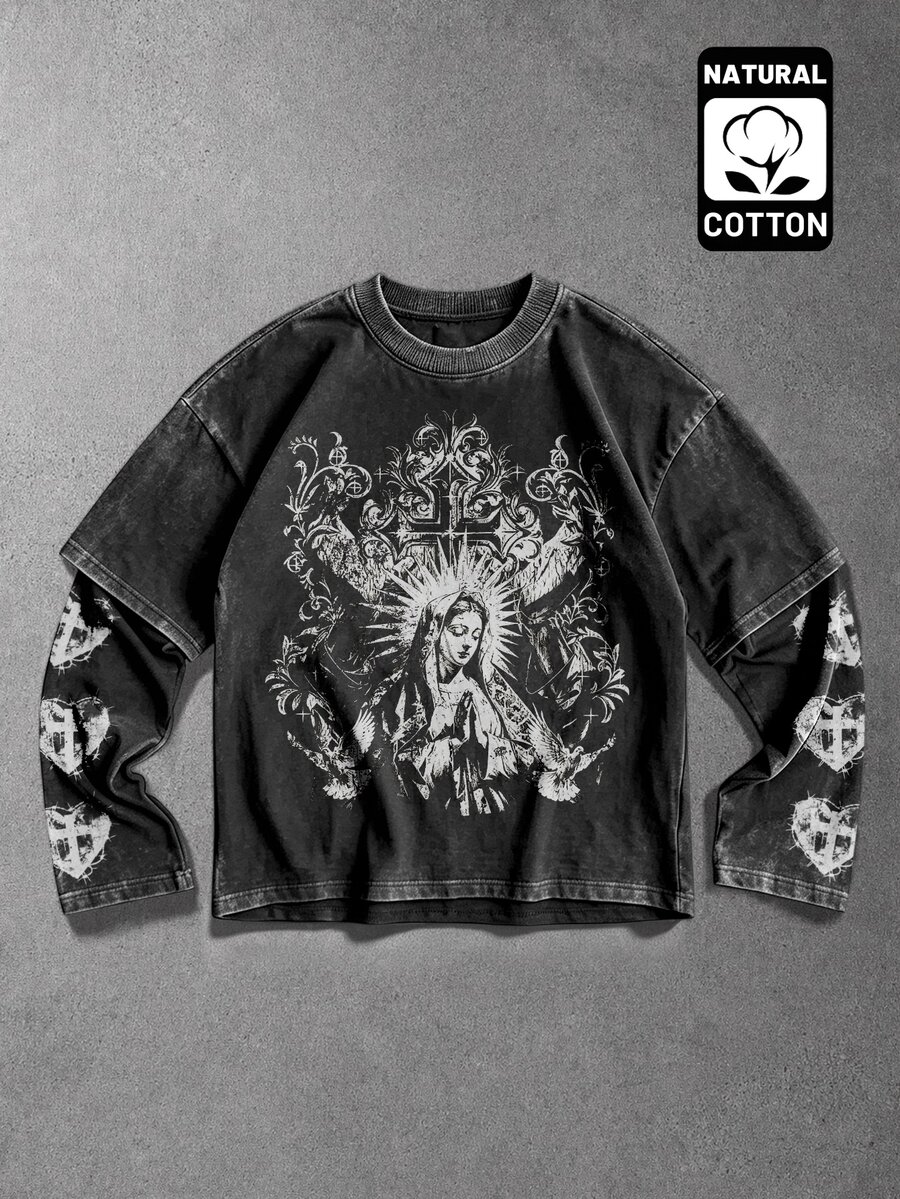 Manfinity EMRG Men's Washed Graphic Fake Two-Piece T-Shirt, Vintage Figure & Cross Print Layered Long Sleeve Tee For Streetwear And Daily Wear - Black - View 1