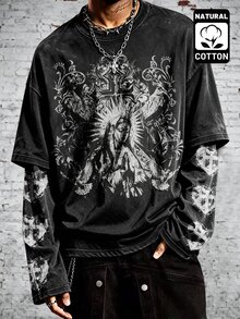 Manfinity EMRG Men's Washed Graphic Fake Two-Piece T-Shirt, Vintage Figure & Cross Print Layered Long Sleeve Tee For Streetwear And Daily Wear - Black - View 7