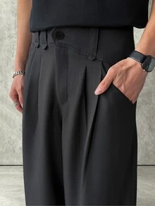 PAVTROS Men's Fashion Versatile Commute Solid Color Wide Leg Pants - Black - View 5
