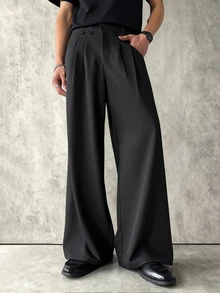PAVTROS Men's Fashion Versatile Commute Solid Color Wide Leg Pants - Black - View 6