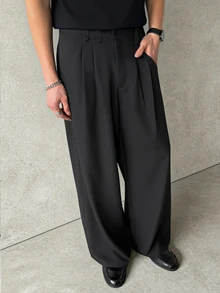 PAVTROS Men's Fashion Versatile Commute Solid Color Wide Leg Pants - Black - View 4