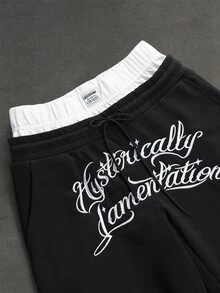 SLATEMANN Men's Colorblock Waistband Letter Embroidery Sweatpants - Black - View 4