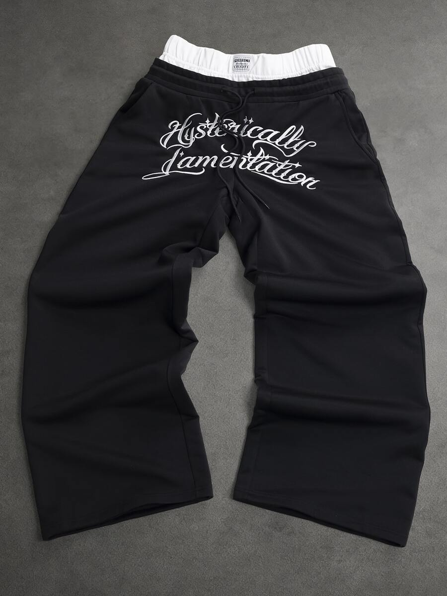 SLATEMANN Men's Colorblock Waistband Letter Embroidery Sweatpants - Black - View 1