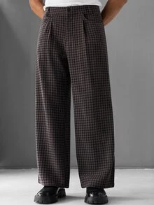 SLATEMANN Men's Casual Business Versatile Plaid Button Pocket Brown Pants - Brown - View 6