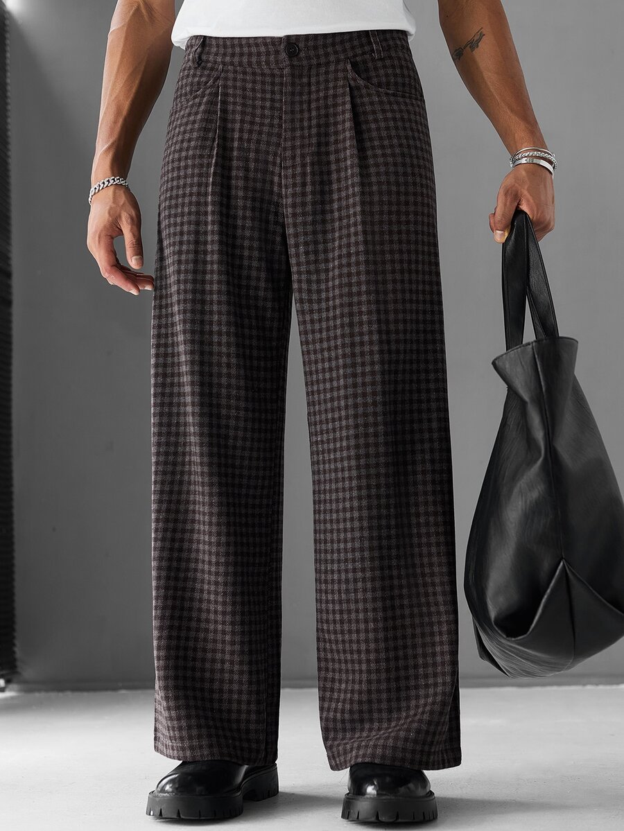 SLATEMANN Men's Casual Business Versatile Plaid Button Pocket Brown Pants - Brown - View 1
