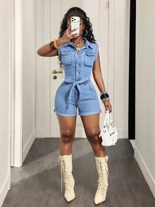 BamGleam Button Front Belted Denim Romper - Light Wash - View 6
