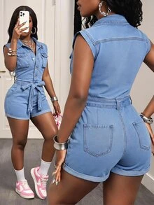 BamGleam Button Front Belted Denim Romper - Light Wash - View 8