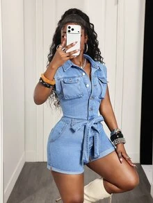 BamGleam Button Front Belted Denim Romper - Light Wash - View 4