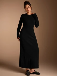 SHEIN BASICS Women's Solid Color Round Neck Long Sleeve Elegant Classy Basic Simple Minimalist Casual Knit Dress Black Going Out Dinner Office Fall - Black - View 4