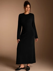 SHEIN BASICS Women's Solid Color Round Neck Long Sleeve Elegant Classy Basic Simple Minimalist Casual Knit Dress Black Going Out Dinner Office Fall - Black - View 5