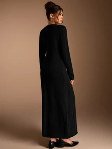 SHEIN BASICS Women's Solid Color Round Neck Long Sleeve Elegant Classy Basic Simple Minimalist Casual Knit Dress Black Going Out Dinner Office Fall - Black - View 3