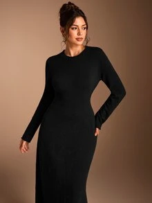 SHEIN BASICS Women's Solid Color Round Neck Long Sleeve Elegant Classy Basic Simple Minimalist Casual Knit Dress Black Going Out Dinner Office Fall - Black - View 8